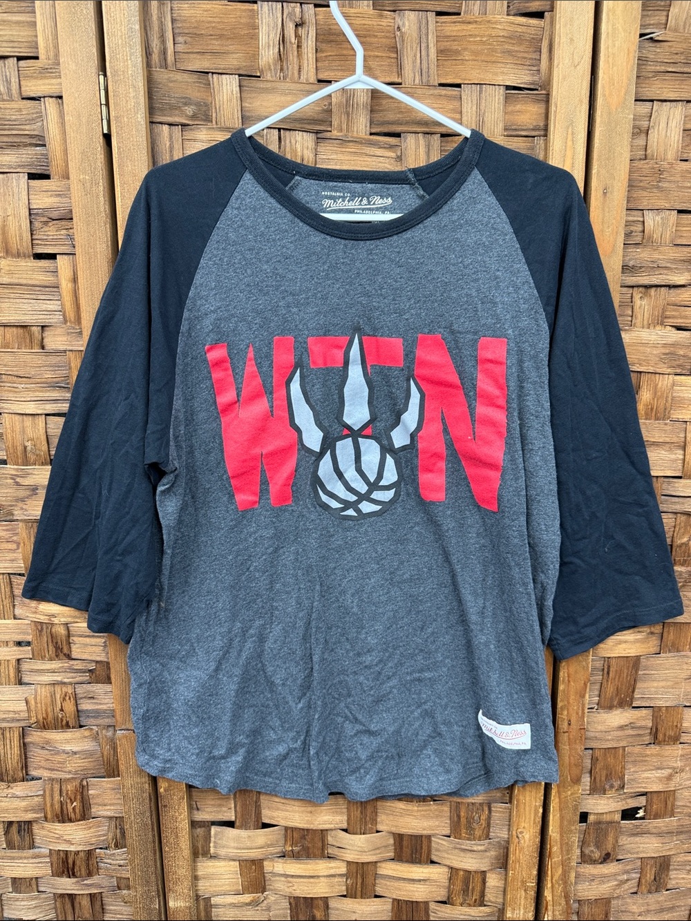 Mitchell & Ness Gray & Black Raglan Tee with Cream Logo